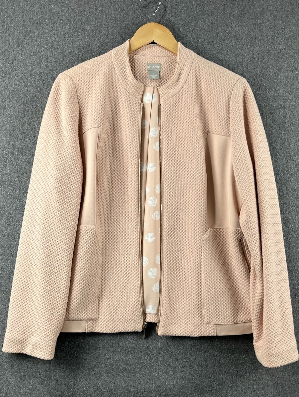 Chico’s Blush Pink Textured Knit Full Zip Jacket with Zipper Pockets